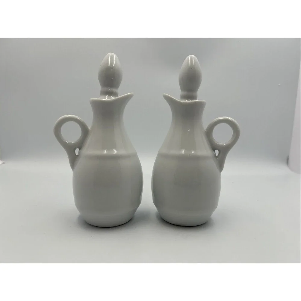 Pillivuyt Barrel Oil Vinegar Cruet Set 2 White Porcelain France w/Stoppers - EUC